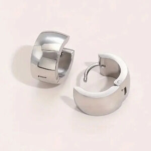 Silver Wide Hoop Huggie Earrings - Polished Silver Finish